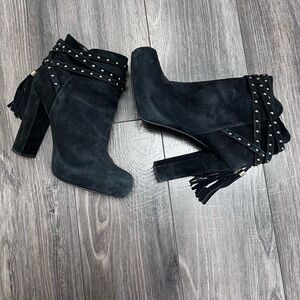 Jessica Simpson black studded tassel heeled ankle boots booties has some wear 9